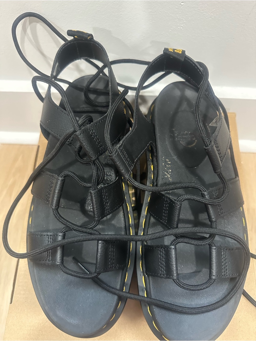 Dr. Martens Black Lace-Up Platform Sandals with Yellow Stitching - Picture 4 of 6